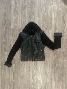 Black Leather and Knit Sleeve Jacket - Women's Zip Front